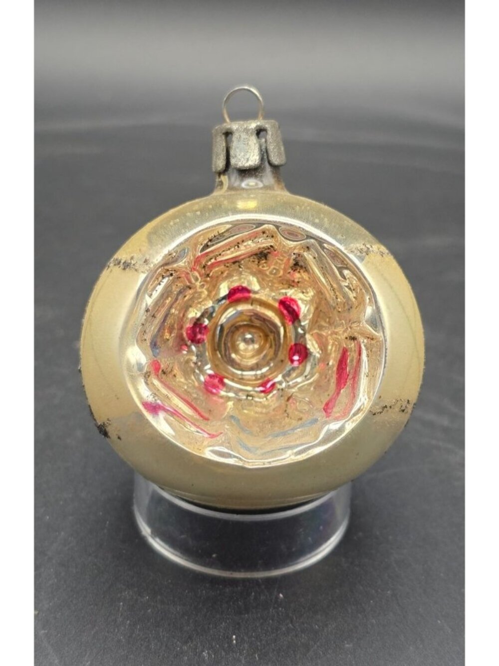 Vintage MCM Mercury Glass Indented Reflector Mica Stripes Christmas Ornament
